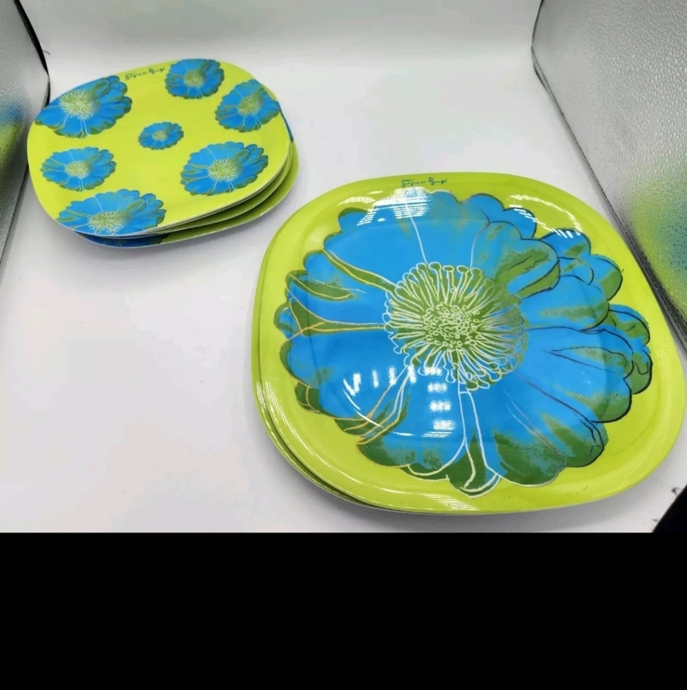 Andy Warhol Melamine Precidio Blue Floral Green Plates 2 Dinner 6 Salad Snack